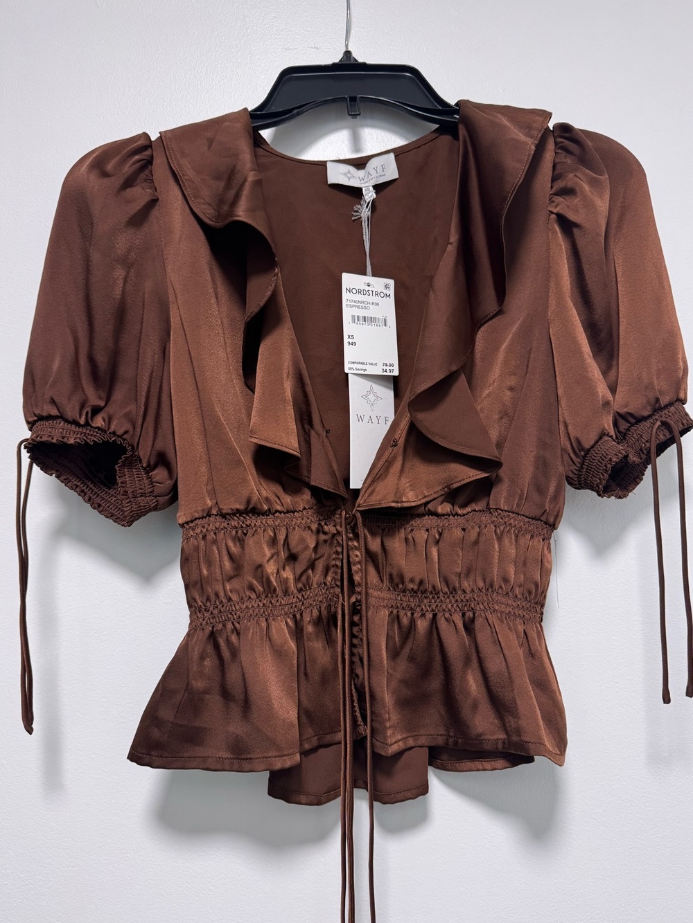 Wayf Brown Ruffled Tie-Front Peplum Blouse